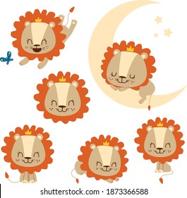 Vector baby lion sleeping and playng flat animal