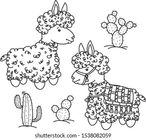 Vector baby llama cartoon and cactuses, black silhouette for coloring.  