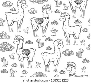 Vector baby llama cartoons seamless pattern, black silhouette.