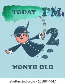 Vector baby milestone card for girl or boy.Today I'm 2  month old. Watercolor texture.