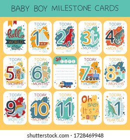 Vector baby milestone cards for boy. 1-11 months and 1 year. Baby boy months cards.