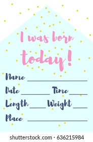 Vector baby milestone cards for girl. Calligraphy lettering. I was born today. Gold polka dot confetti and cute pattern