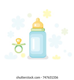 Vector Baby Milk Bottle and Dummy isolated on white background. Newborn symbol.