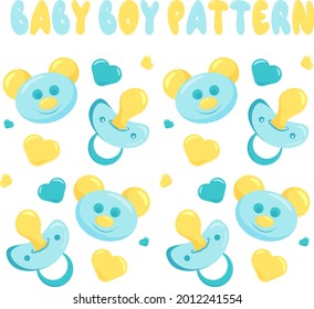 Vector baby pattern with pacifier and teddy bear toy for newborn baby boy. Text, baby boy pattern