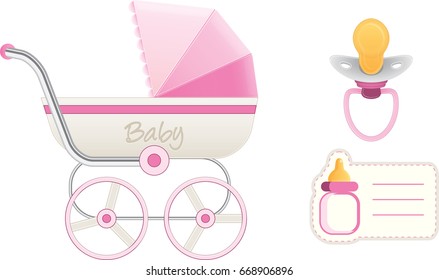 Vector baby pink set: stroller, pacifier and card with bottle