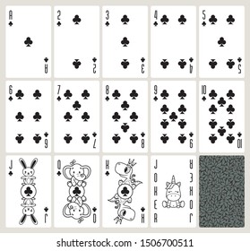Vector baby poker playing cards with animals. Clubs suit. Original design deck. Vector illustration