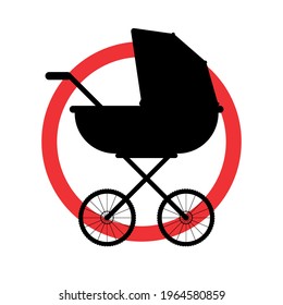 Vector baby pram silhouette in red circle isolated on white background. No child stroller sign