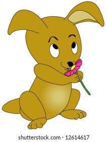 Vector Baby Rabbit Smelling Flower