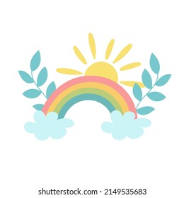 Vector baby rainbow illustration. Hand drawn nursery modern rainbow. Cute design for baby shower, kids clothes print, card.