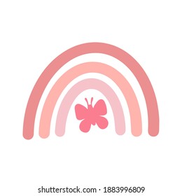 Vector baby rainbow illustration. Pink hand drawn nursery modern rainbow and butterfly poster. Cute design for baby shower, kids clothes print, card. Scandinavian minimalist style.