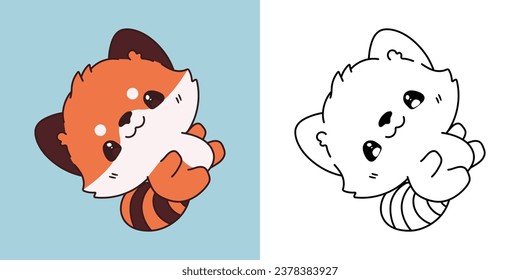 Vector Baby Red Panda Multicolored and Black and White. Beautiful Clip Art Baby Animal. Cartoon Vector Illustration of Kawaii Animal for Stickers, Prints for Clothes, Baby Shower. 