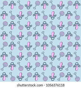 Vector baby seamless pattern with blue pacifier and toy rattle