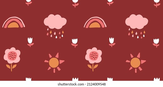 Vector baby seamless pattern boho style. Holidays background: rainbow, flowers. sun