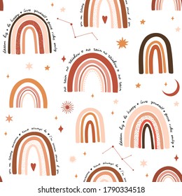 Vector baby seamless pattern. Colorful rainbow and golden stars, moon and sun. Abstract background of color arcs and starry sky. Perfect for for kids print, poster, nursery decoration, textile
