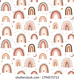 Vector baby seamless pattern. Colorful rainbow and golden stars, moon and sun. Abstract background of color arcs and starry sky. Perfect for for kids print, poster, nursery decoration, textile