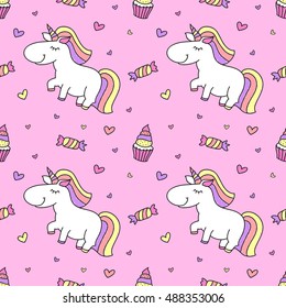 vector baby seamless pattern with unicorns and sweets