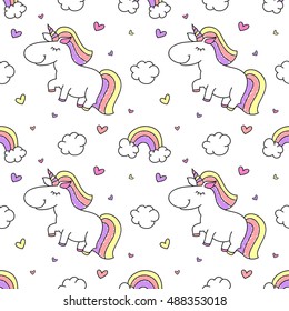 vector baby seamless pattern with unicorns, rainbows and clouds