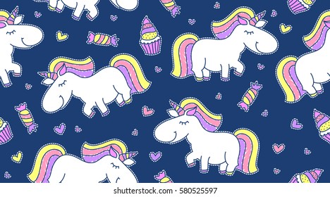 vector baby seamless pattern with unicorns and sweets