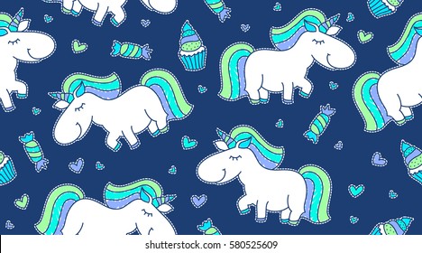 vector baby seamless pattern with unicorns and sweets