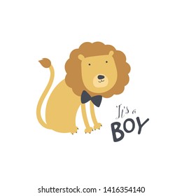 Vector baby shower animal banner template. Scandinavian design elements for invitation card, poster. Cute lion sit on white background with text it is boy. Concept of childish style illustration.