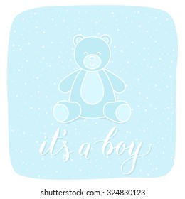 Vector baby shower announcement greeting card with a blue plush bear toy and white hand lettering "It's a boy"