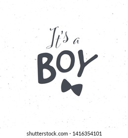 Vector baby shower banner template. Design elements for invitation card, poster. Cute black font with text it is boy and bow tie isolated on white background.