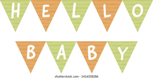 Vector baby shower banner template. Scandinavian design elements for invitation card, poster. Cute triangle badge on rope with text hello baby isolated on white background. Child style illustration.