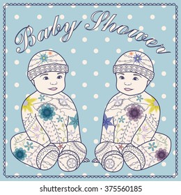 Vector baby shower with baby boy twins