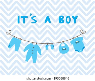 vector baby shower card with bunting and baby boy newborn clothes