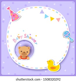 Vector of Baby Shower card with cute bear and frame on purple background. 
