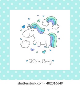 vector baby shower card with cute cartoon unicorn, rainbow and clouds