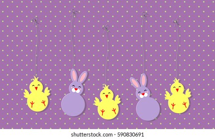 Vector baby shower card or Easter cut paper decoration with baby chickens and funny bunnies - Easter festive bunting