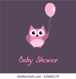 vector baby shower card with pink owl holding a balloon