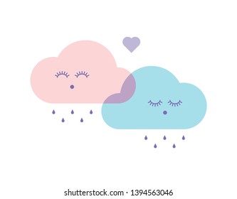 Vector baby shower character. Cute sleepy boy and girl cloud character with rain drops and love heart isolated on white. Child birth greeting concept. Design element for card, web, souvenirs.