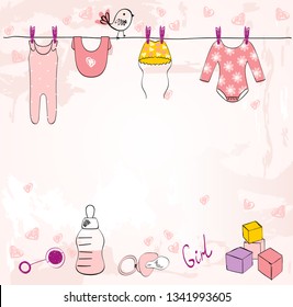 Vector baby shower. Cute card for girl with baby elements.