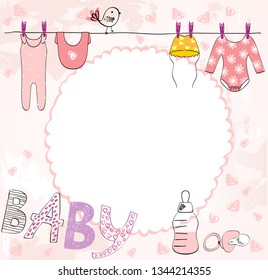 Vector baby shower. Cute card for girl with baby elements.