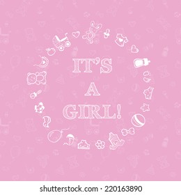 Vector baby shower design over pink background with seamless pattern. It's a girl