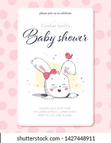 Vector baby shower design template. Cute hand drawn little bunny girl character in hole. Flat lay. Pastel colors. For happy birthday and anniversary party invitations, greeting cards, tags etc.