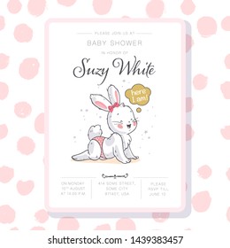 Vector baby shower design template. Cute hand drawn little bunny character. Flat lay. Pastel colors. For happy birthday and anniversary party invitations, greeting cards, tags etc.