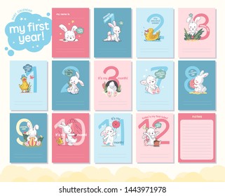 Vector baby shower design template. Cute hand drawn little bunny character. Flat lay. Pastel colors. For happy birthday and anniversary party invitations, greeting cards, tags etc.