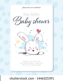 Vector baby shower design template. Cute hand drawn little bunny character. Flat lay. Pastel colors. For happy birthday and anniversary party invitations, greeting cards, tags etc.