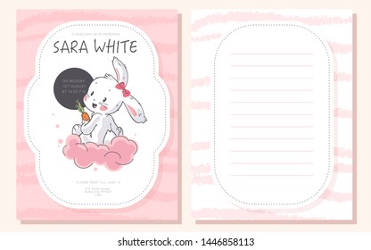 Vector baby shower design template. Cute hand drawn little bunny character. Flat lay. Pastel colors. For happy birthday and anniversary party invitations, greeting cards, tags etc.