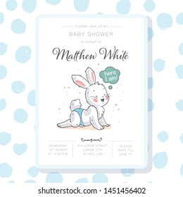 Vector baby shower design template. Cute hand drawn little bunny character. Flat lay. Pastel colors. For happy birthday and anniversary party invitations, greeting cards, tags etc.