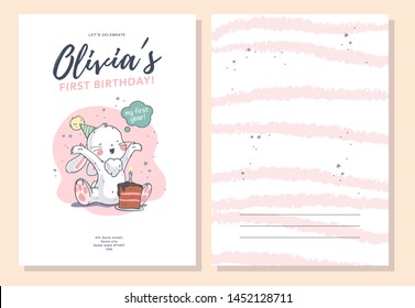 Vector baby shower design template. Cute hand drawn little bunny character. Flat lay. Pastel colors. For happy birthday and anniversary party invitations, greeting cards, tags etc.