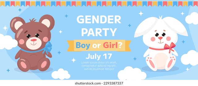 Vector baby shower and gender reveal party invitation template poster. Cartoon childish toy white bunny with bear on blue background. Horizontal backdrop, flyer, brochure for event