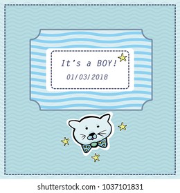 Vector baby shower greeting card. Text It's a  boy. Little cute kitten. Stickers.