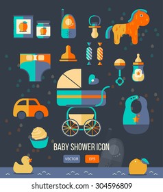 Vector baby shower icon for invitation template, party theme, web design. Flat style. Cute labels. Set of baby shower elements. Collection of toy icons. Birthday, bridal shower, retro party decoration