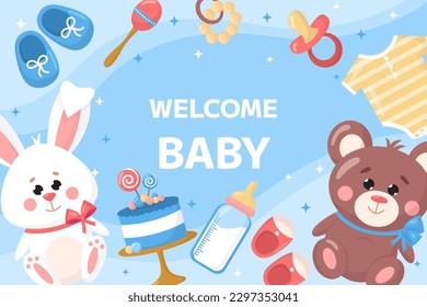 Vector baby shower invitation background template poster. Cartoon childish toy bear, rabbit, kids booties, pacifier, bottle on blue background. Square backdrop, flyer, brochure for event