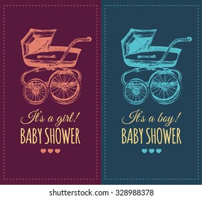 Vector baby shower invitation with pram illustration. Reveal the gender baby gifts invite concept. Typographic poster with hand sketched buggy.