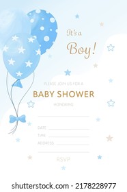 Vector baby shower invitation template with blue balloon and gap for filling It's a boy	